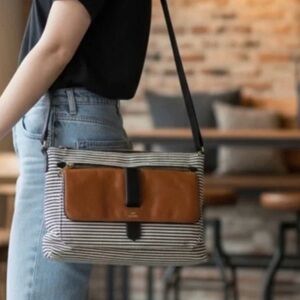 Fossil Kinley Striped Leather Zip Closure Convertible Crossbody Satchel Purse